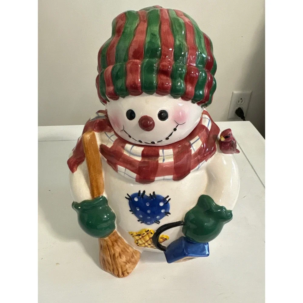 Holly Tree Snowman Cookie Jar Christmas Ceramic Holiday Canister Red Green 11in